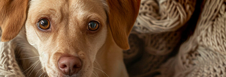 Chien dans ses couvertures en attente de la consultation du vétérinaire